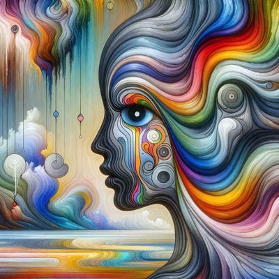 The primary subject of the image is a woman with a tear on her face. She is the main focus of the image. The setting is a colorful and artistic background, which adds to the overall visual style. The colors and mood of the image are vibrant and emotional, with the woman's tear and the colorful background creating a sense of depth and emotion.